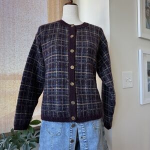 Vintage EQUORIAN HERITAGE Mohair blend‎ Cardigan L 18/20 Tartan Plaid Embossed